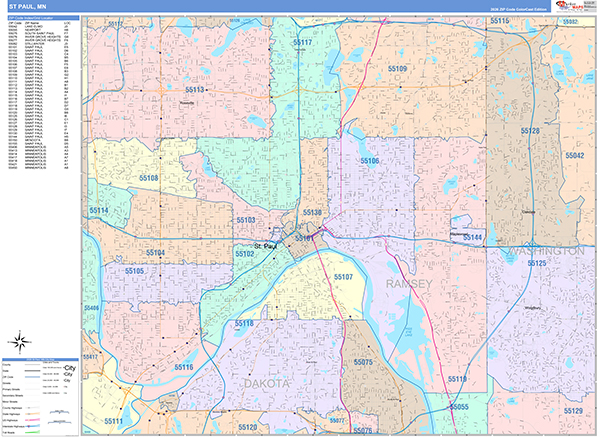 St. Paul City Wall Map Color Cast Style